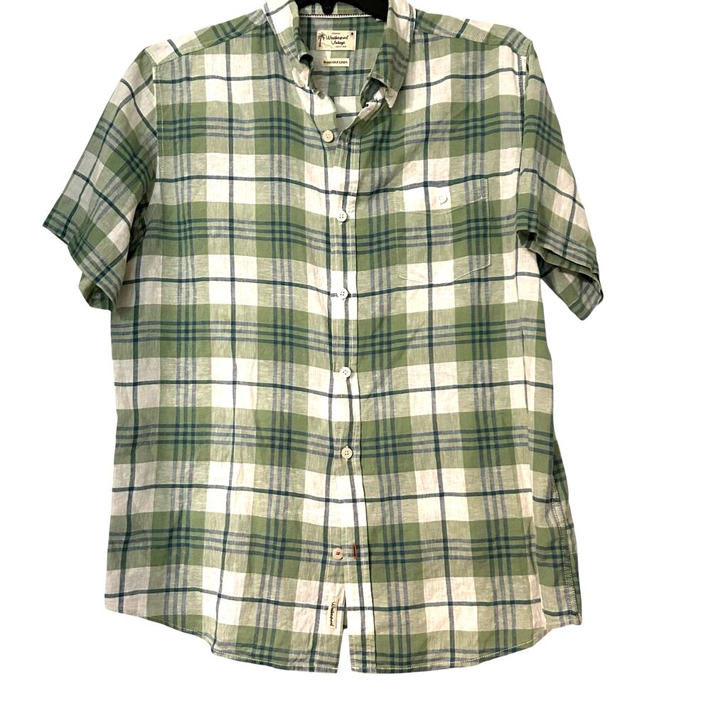 Weatherproof Vintage Men's Large Shirt Washable Linen Casual Green Plaid